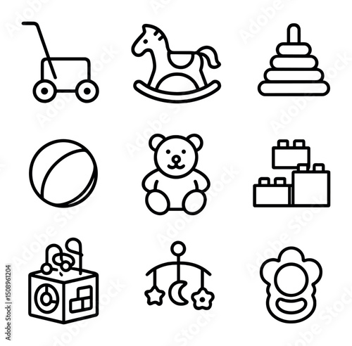 Playful Toy Icons. Outline icon set of playful toys: push toy, ride-on horse, stacking rings, ball, plush teddy, building blocks,