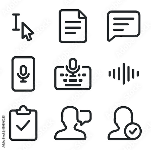 Speech-to-Text Icons. Outline icon set of speech-to-text applications: typing cursor, document icon,