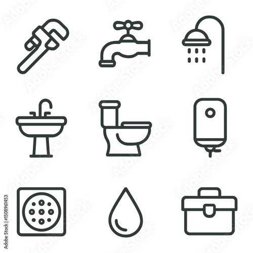 Plumbing Tools Icons. Outline icon set of service description section: pipe wrench, faucet, shower head, sink basin, toilet bowl,