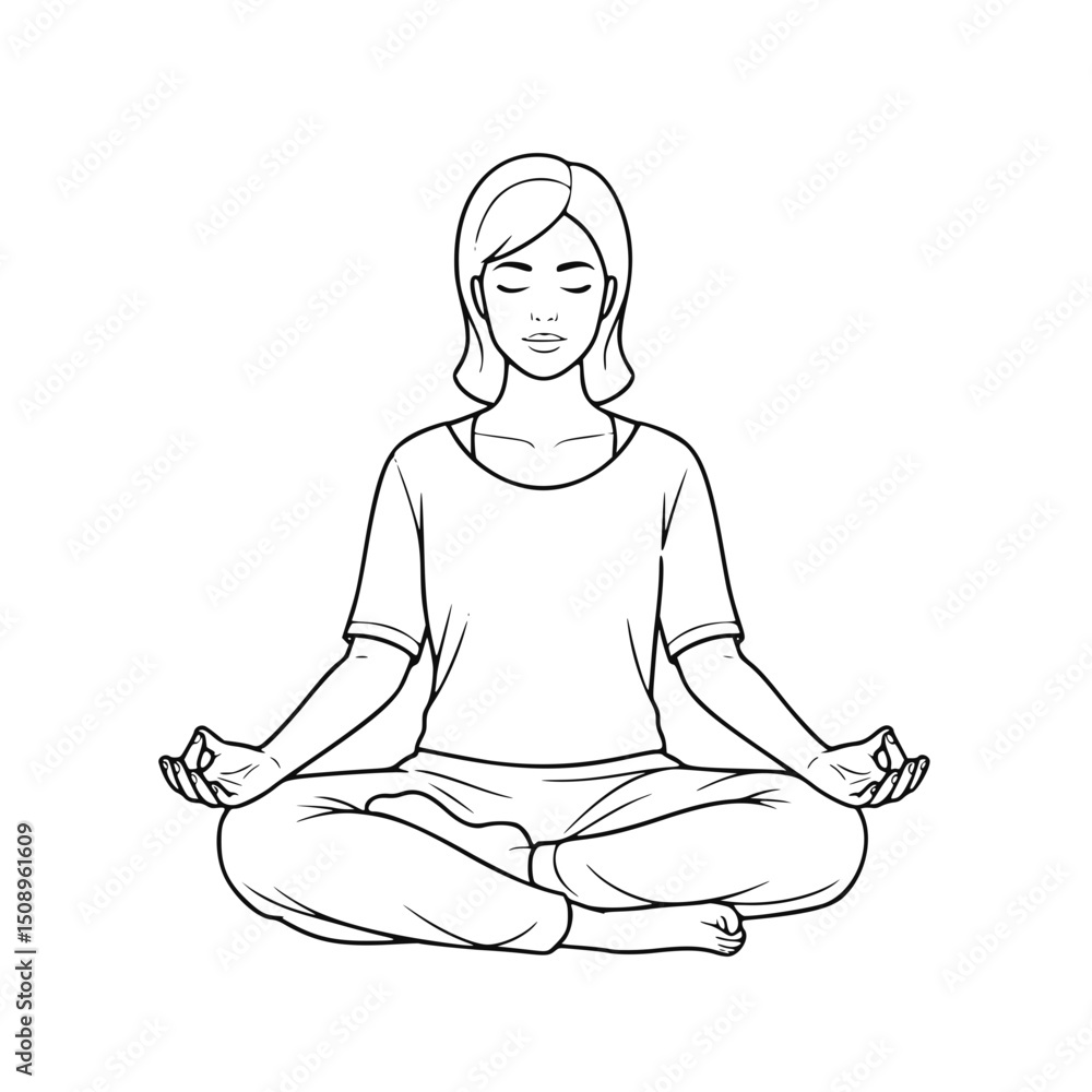 Woman meditating in lotus pose, line art illustration, for wellness websites Woman meditating in lotus pose, line art illustration, for wellness websites