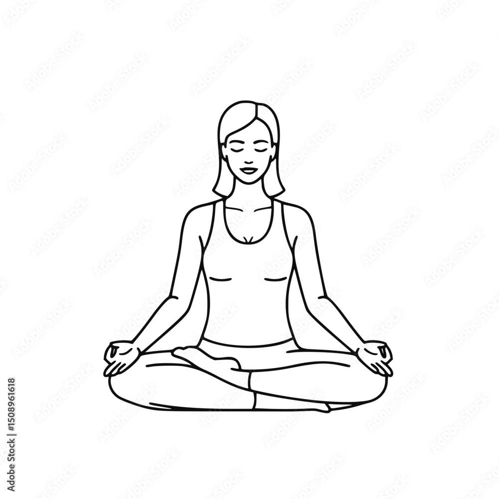Woman meditating in lotus position, line art illustration, for wellness websites Woman meditating in lotus position, line art illustration, for wellness websites