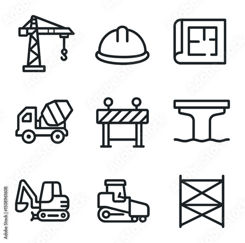 Rebuilding Infrastructure Icons. Outline icon set of infrastructure rebuilding: construction crane, hard hat, blueprint, concrete