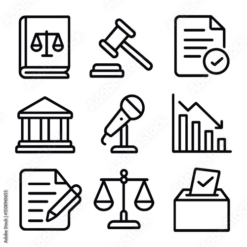 Policy Reform Icons. Outline icon set of policy and regulation reform: law book, gavel, policy document, government building,