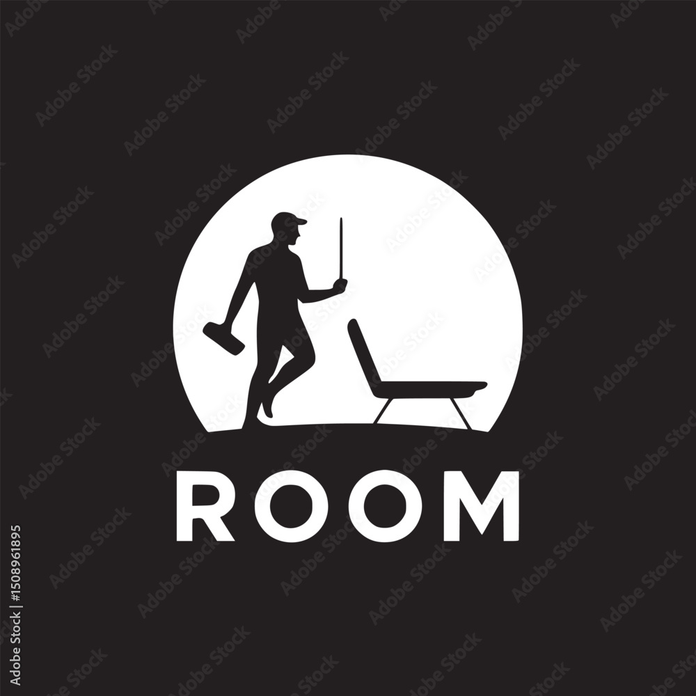 Silhouette of a man with tools and a chair inside a circle with the word room underneath it Silhouette of a man with tools and a chair inside a circle with the word room underneath it