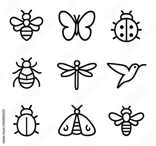 Pollinator Icon Set. Outline icon set of pollinators: honeybee, butterfly, ladybug, bumblebee, dragonfly, hummingbird, beetle,