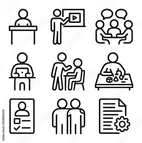 Student Learning Icons. Outline icon set of student-centered learning: learner at desk, interactive