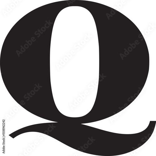 A bold black letter q with a distinctive serif on a clean white background in a minimalist design style
