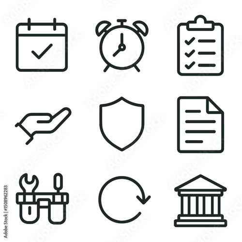 Reliability Icon Set. Outline icon set of reliability and dependability: calendar with checkmark, alarm clock, checklist clipboard