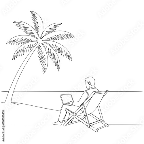 Freelancer working from tropical beach, under palm tree, line art style, for websites and blogs