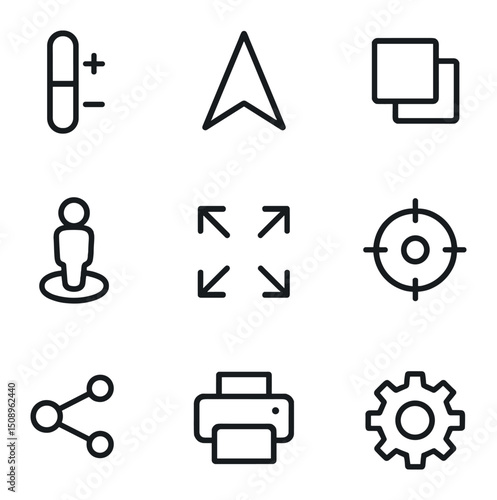 Map Control Icons. Outline icon set of map controls: zoom slider, compass arrow, layer switcher, street view icon, full-screen