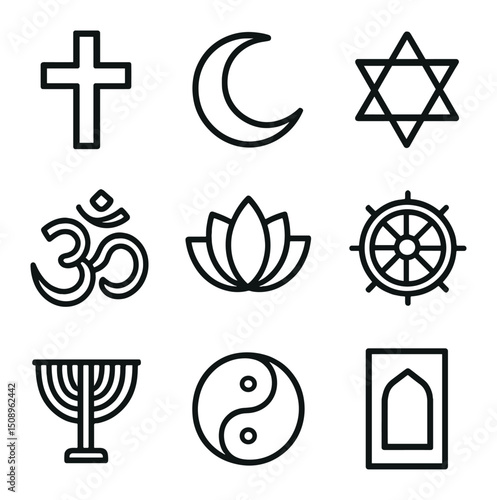 Religious Symbol Icons. Outline icon set of religious symbols: cross, crescent, star of david, om symbol, lotus flower, dharma
