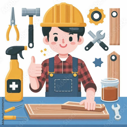 Cartoon handyman in overalls gives thumbsup at a workbench with tools and wood