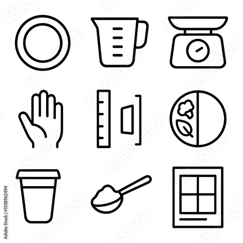 Portion Control Icons. Outline icon set of portion control tools: small plate, measuring cup, kitchen scale, hand portion guide,
