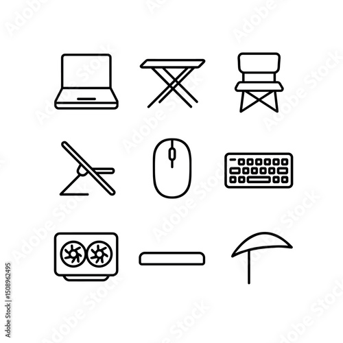 Portable Workstation Icons. Outline icon set of portable workstations: laptop, folding desk, collapsible chair, ergonomic stand,