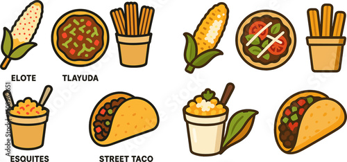 This vibrant vector illustration showcases a variety of Mexican street foods including elote, esquites, tacos, and tlayuda. Perfect for culinary or cultural themes!