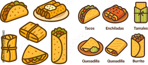 This vibrant vector illustration showcases a variety of popular Mexican dishes including tacos, enchiladas, tamales, quesadilla, and burritos, perfect for culinary-themed projects.