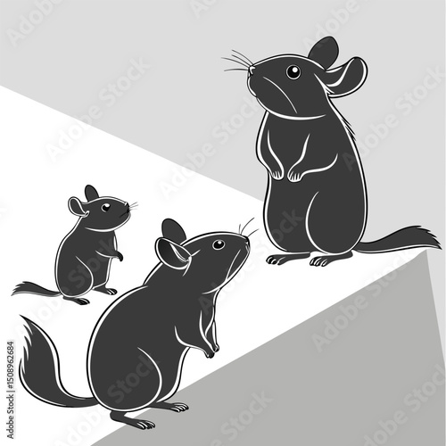 Cute chinchilla rodent family silhouette illustration in black and white minimal style