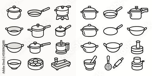 A versatile set of hand-drawn kitchen utensils and cookware icons, including pots, pans, bowls, and food processors, perfect for kitchen and cooking themes.