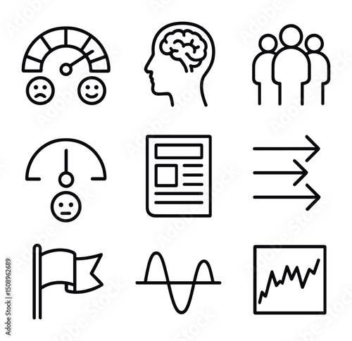Market Psychology Icons. Outline icon set of market psychology: fear and greed meter, investor brain, crowd silhouette, sentiment