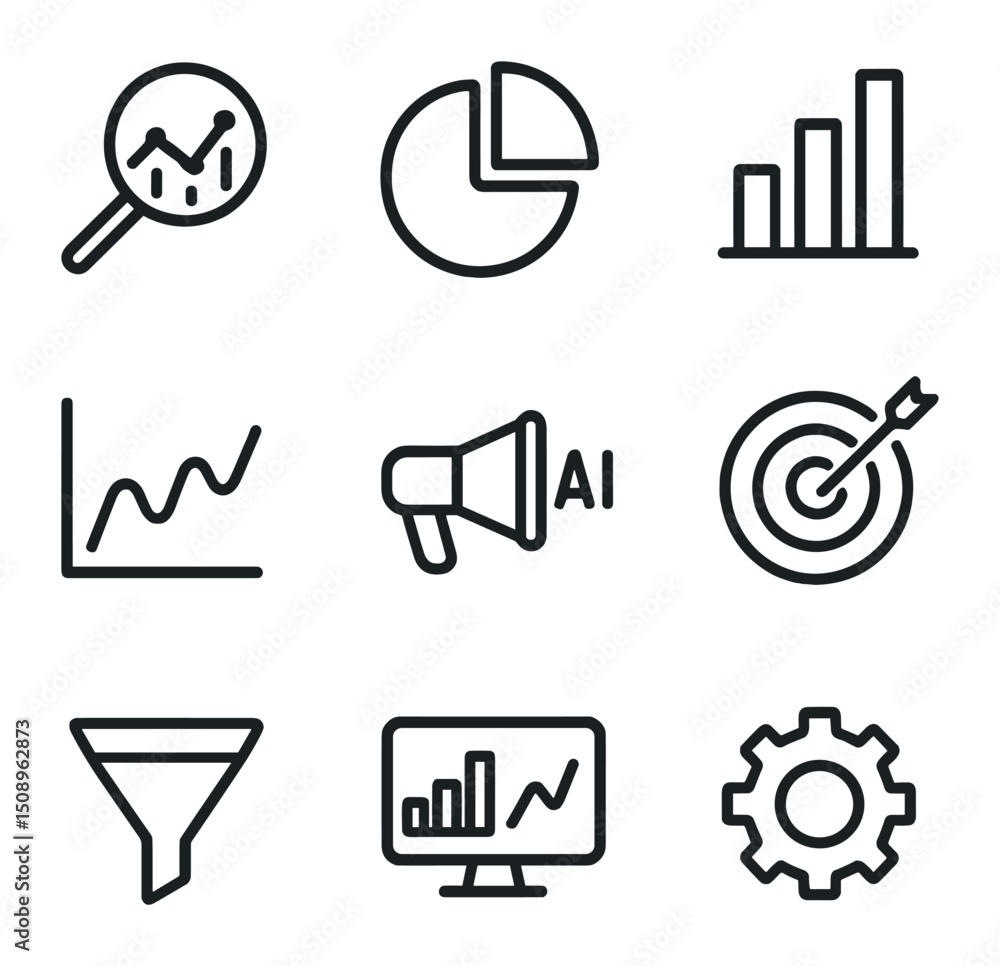 Fototapeta premium Marketing Analytics Icons. Outline icon set of marketing analytics: magnifying glass over graph, pie chart, bar chart, trend line,