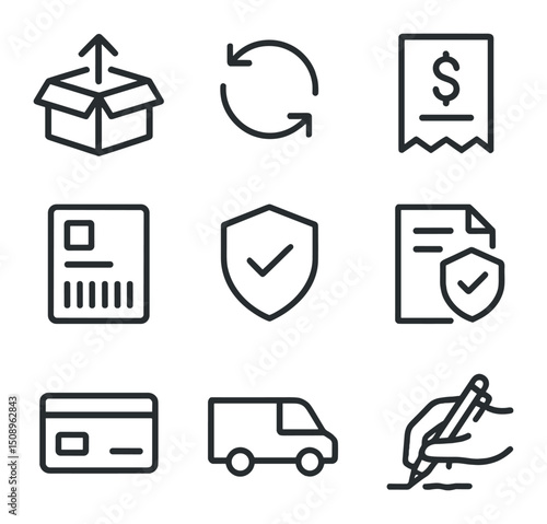 Returns Exchange Icons. Outline icon set of returns and exchanges: return box, exchange arrows, refund receipt, shipping label,