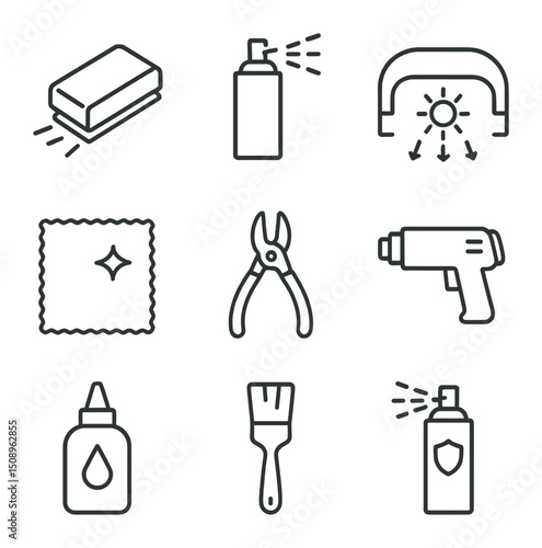 Post-Processing Icon Set. Outline icon set of post-processing techniques: sanding block, primer spray, UV curing lamp, polishing
