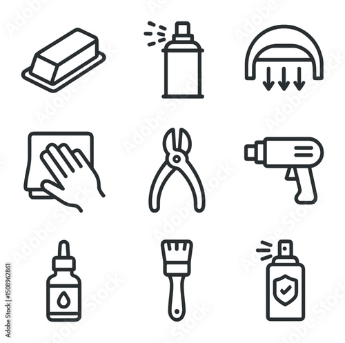 Post-Processing Icon Set. Outline icon set of post-processing techniques: sanding block, primer spray, UV curing lamp, polishing