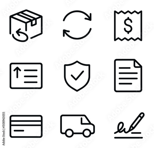 Returns Exchange Icons. Outline icon set of returns and exchanges: return box, exchange arrows, refund receipt, shipping label,