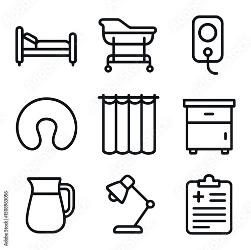 Postpartum Room Icons. Outline icon set of postpartum recovery room: hospital bed, baby bassinet, call button, nursing pillow,