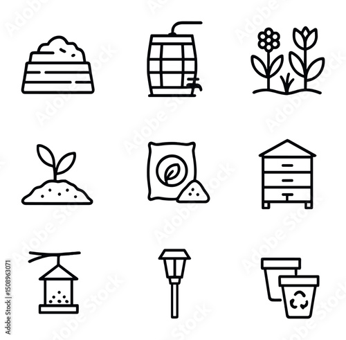 Sustainable Gardening Icons. Outline icon set of flower gardening: rose, tulip, daisy, flower pot,
