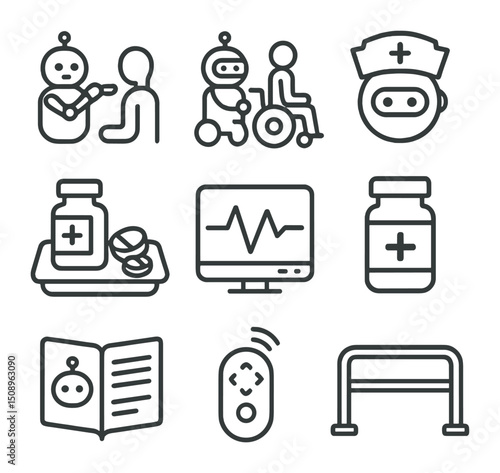 Robot Caregiving Icons. Outline icon set of robot caregiving scenarios: robot feeding, wheelchair assistance, medication tray,