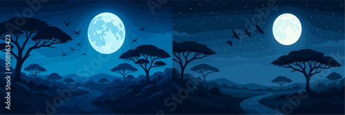 A tranquil vector illustration depicting a moonlit landscape. Silhouettes of trees frame a winding river under a starry sky, enhancing the serene atmosphere. Perfect for nature and night the...