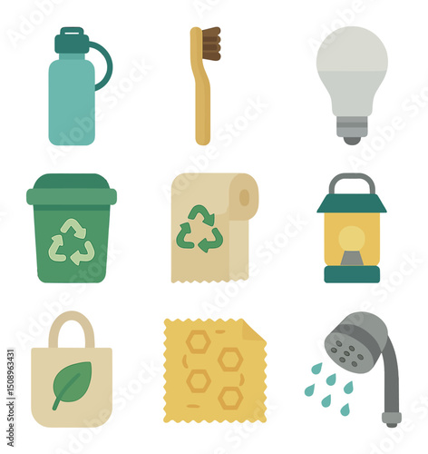Sustainable Home Icon Set. Flat icon set of sustainable home products: reusable water bottle, bamboo