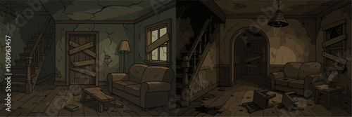A vector illustration showcasing the eerie interior of an abandoned house. Features include cracked walls, abandoned furniture, and cobwebs, evoking a sense of neglect.