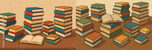 A charming illustration depicting various stacks of colorful books on a wooden table. Perfect for literary themes, education, and cozy reading environments.