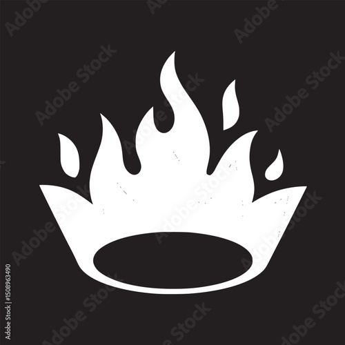 A graphic illustration of a white crown engulfed in orange flames against a black background visual