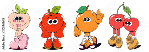 Funny Retro Groovy Tropical Fruit Characters. Mascot Peach, Apple, Orange, Cherry with Sneakers and Leaves.Web