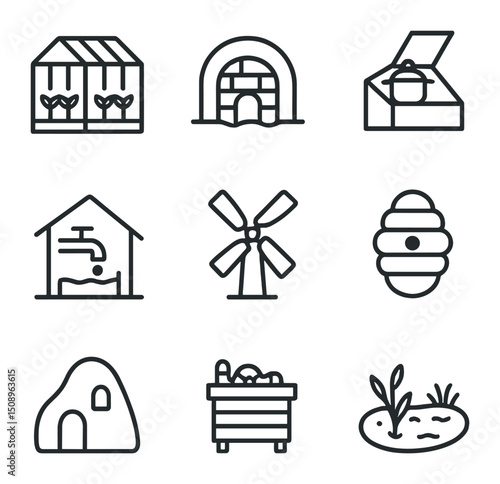 Sustainable Homestead Icons. Outline icon set of sustainable homestead systems: greenhouse, root