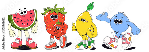 Funny Retro Groovy Tropical Fruit Characters. Mascot Watermelon, Strawberry, Lemon and Blueberry in Sneakers