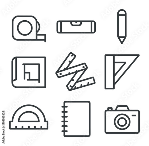 Measuring Tool Icons. Outline icon set of measuring and planning: tape measure, level, pencil, blueprint, folding ruler, square,