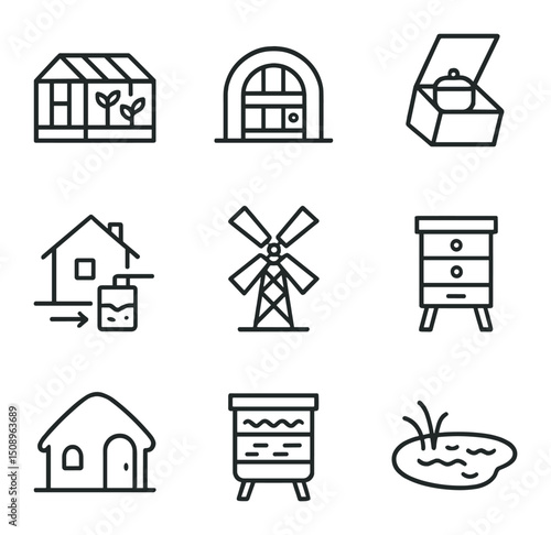 Sustainable Homestead Icons. Outline icon set of sustainable homestead systems: greenhouse, root