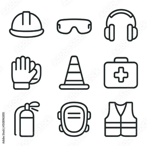 Safety Equipment Icons. Outline icon set of safety and protection: hard hat, safety glasses, ear muffs, work gloves, knee pads,