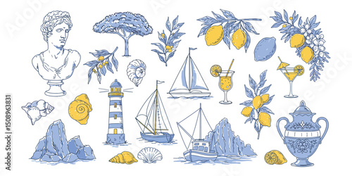 "Vintage Mediterranean Elements Collection – Hand-Drawn Sailboats, Lighthouse, Lemons, Olive Trees, and Classical Bust Vector"