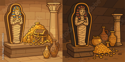 Explore a beautifully illustrated ancient Egyptian tomb scene featuring a sarcophagus, treasures, and various artifacts. Ideal for themes of history, archaeology, and adventure.