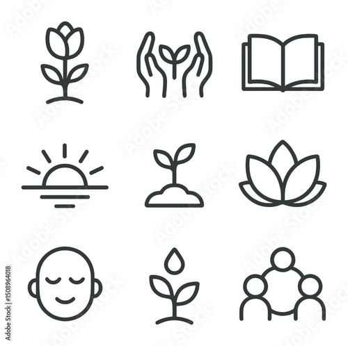 Symbolic Growth Icons. Outline icon set of personal growth and reflection: staircase upward,