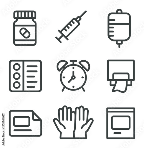 Medication Icon Set. Outline icon set of medication administration: pill bottle, syringe, IV bag, dosage chart, alarm clock,