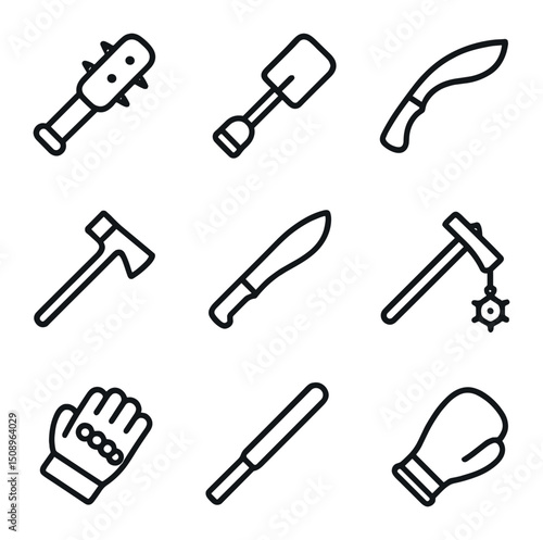 Melee Weapon Icons. Outline icon set of melee weapon arsenal: trench club, entrenching tool, kukri knife, tomahawk axe, machete