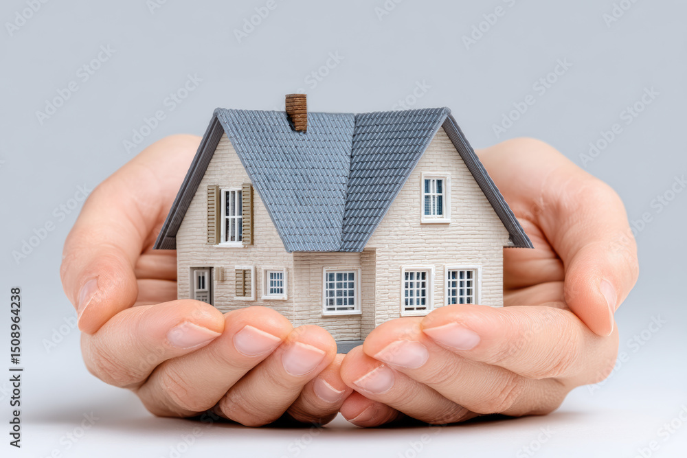 Small house model held gently in hands symbolizing care and protection Small house model held gently in hands symbolizing care and protection