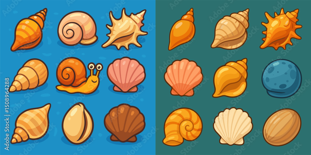 This vector image features a vibrant assortment of shells and snails in various shapes and colors, perfect for beach-themed designs or marine illustrations. Great for educational or decorati... This vector image features a vibrant assortment of shells and snails in various shapes and colors, perfect for beach-themed designs or marine illustrations. Great for educational or decorati...