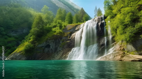 Serene waterfall cascading into a pristine lake